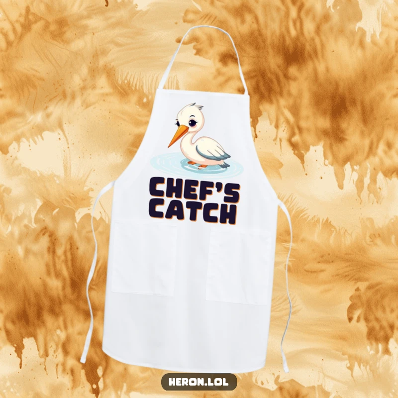 Funny apron depicting a smiling heron fishing gracefully, beak submerged in shimmering water, for chefs who enjoy kitchen humor and nature.