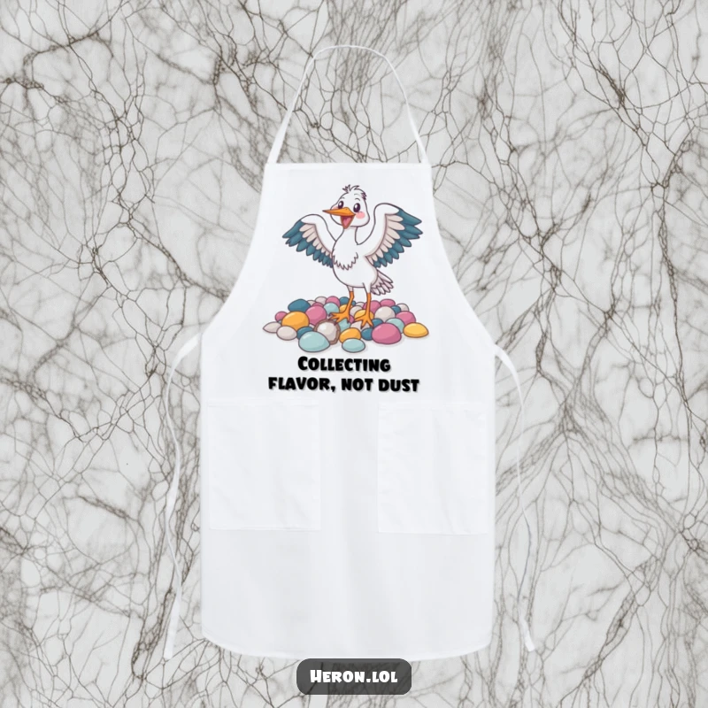 Funny apron depicting a joyful heron bird flapping its wings near colorful pebbles, perfect for a cheerful cook.