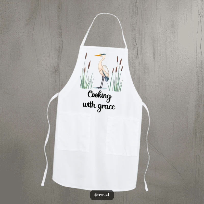 Serene heron bird apron, majestic and standing tall amidst reeds, a beautiful and functional kitchen accessory.