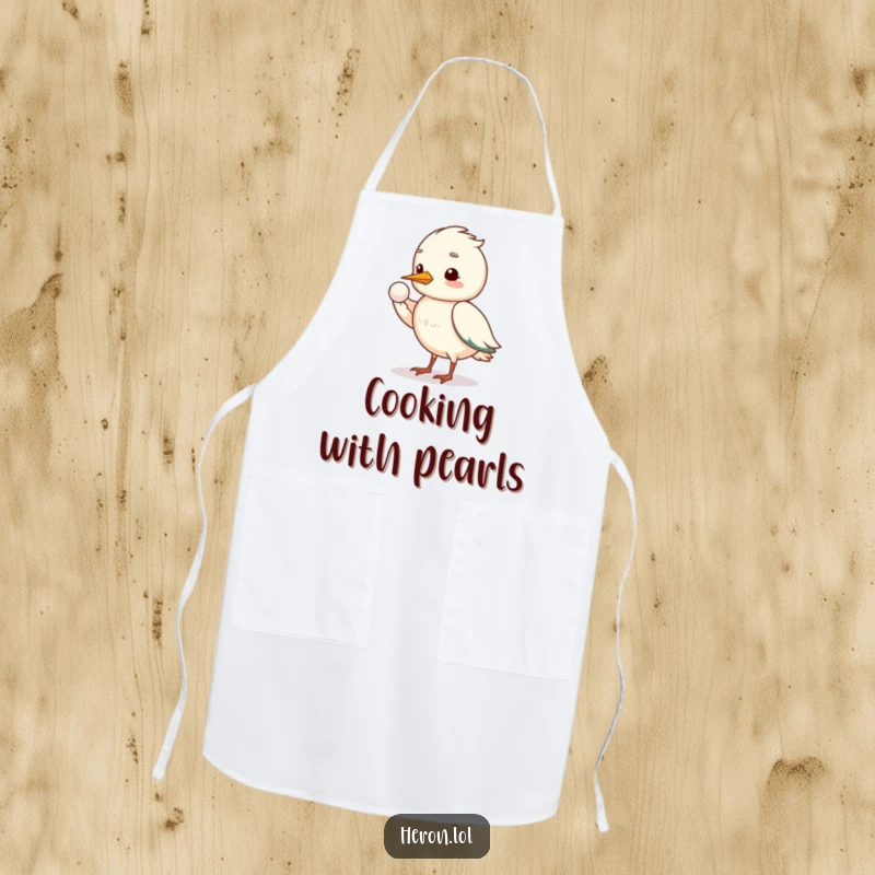 Funny shy heron apron showing a bird offering a pearl with its wing, a humorous and functional kitchen accessory.