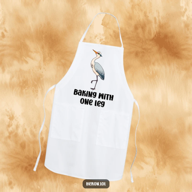 Cute heron bird standing on one leg, looking up, a charming and practical apron for kitchen creativity.