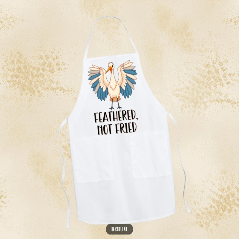 Funny Heron Apron: A stylish apron featuring a heron bird gracefully unfurling its large, colorful wings, perfect for any chef.