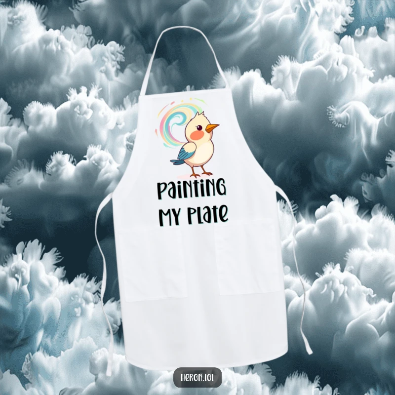 Funny apron with a bird artistically painting a swirling pattern in the air, perfect for creative cooks.