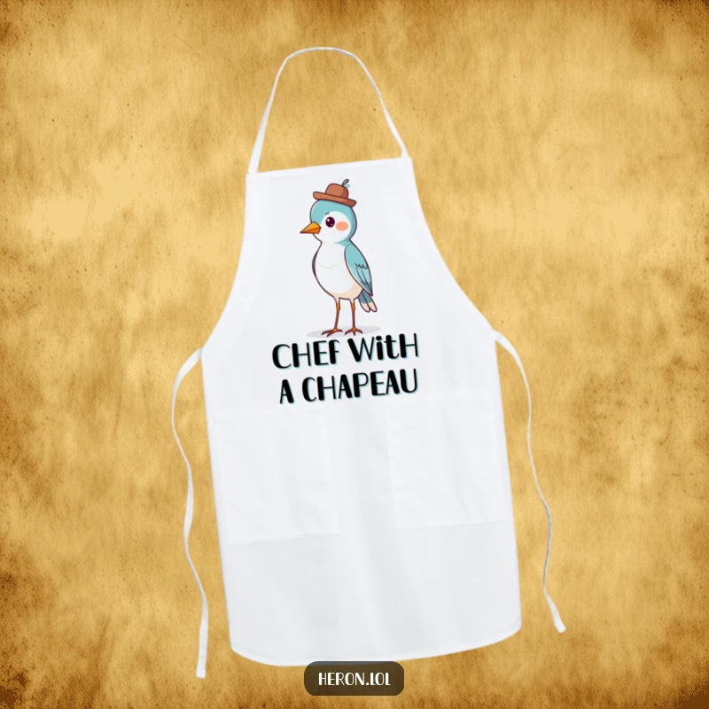 Funny Bird Apron: A proud bird wearing a jaunty hat, designed for kitchen fun and adding a touch of dapper charm.