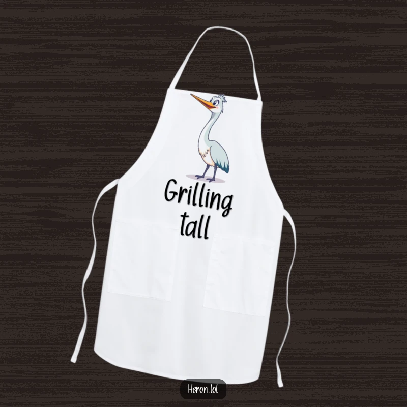 Funny cute heron stretching its long neck upwards with a wide grin on a kitchen apron.