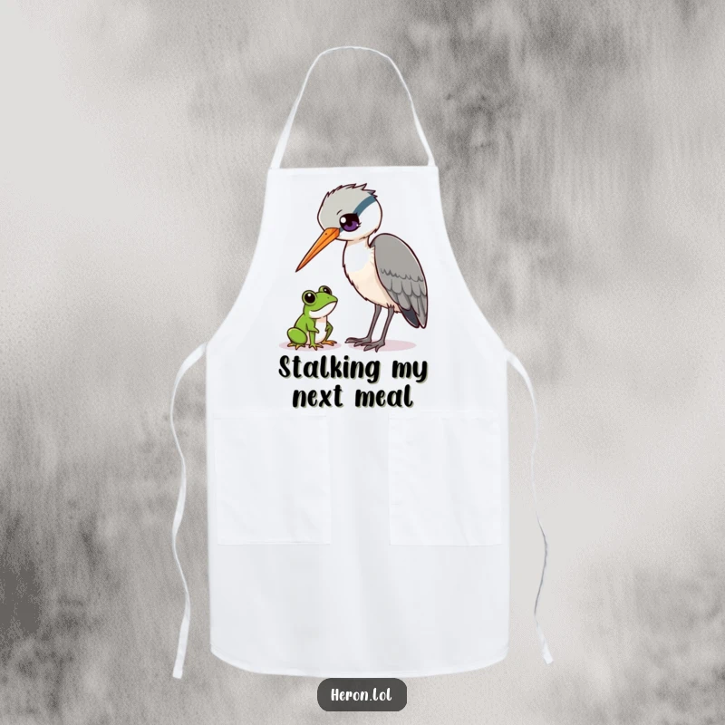 Funny Heron and Frog Apron: Heron bird curiously observing a tiny frog, kitchen wear, wildlife humor, funny gift.