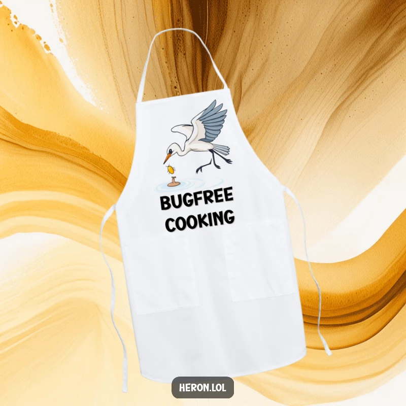Funny Apron featuring a heron gracefully swooping to catch a shiny bug, adding a humorous, nature-inspired touch to kitchen activities.