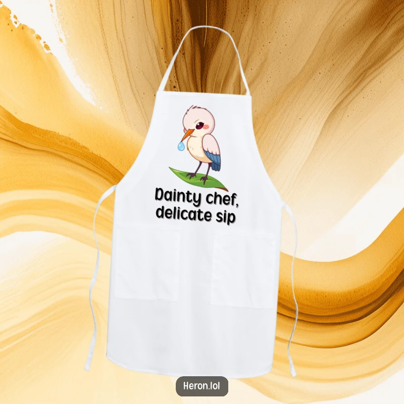 Funny apron showcasing a playful heron bird dipping its beak into a dewdrop on a leaf, perfect for kitchen activities.