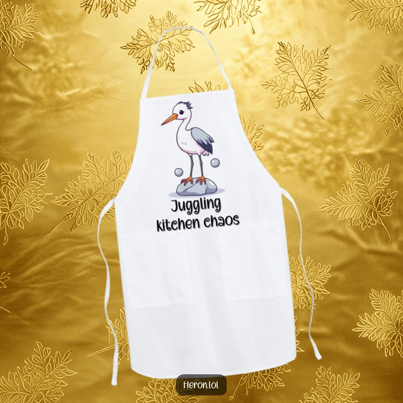 Funny apron depicting a heron hilariously attempting to juggle three small stones with its legs while looking quite stressed and determined.