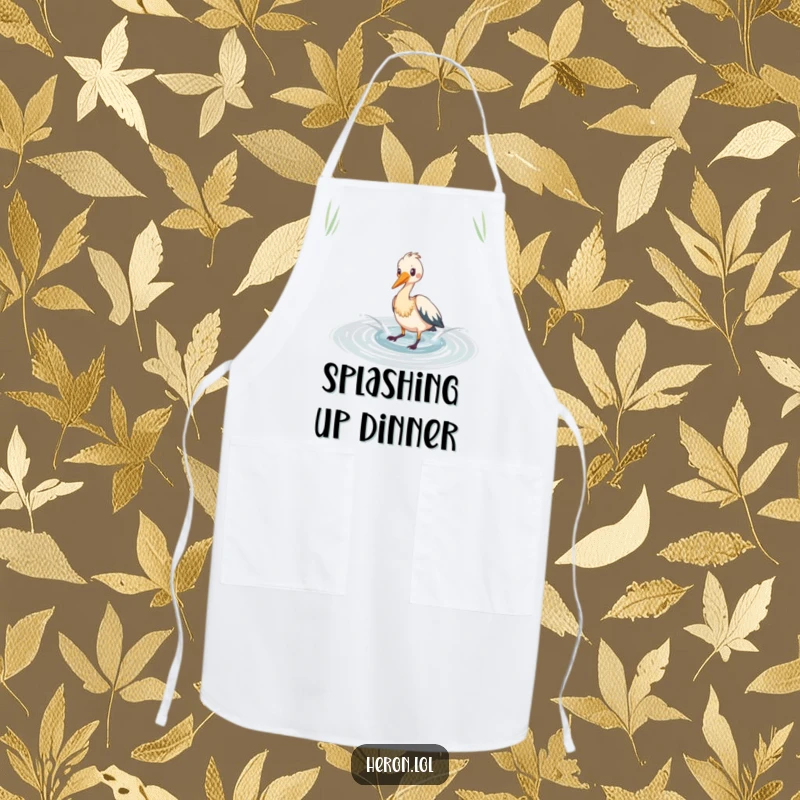 Funny heron apron showing playful splashing in a shimmering pond, a humorous and functional kitchen accessory.