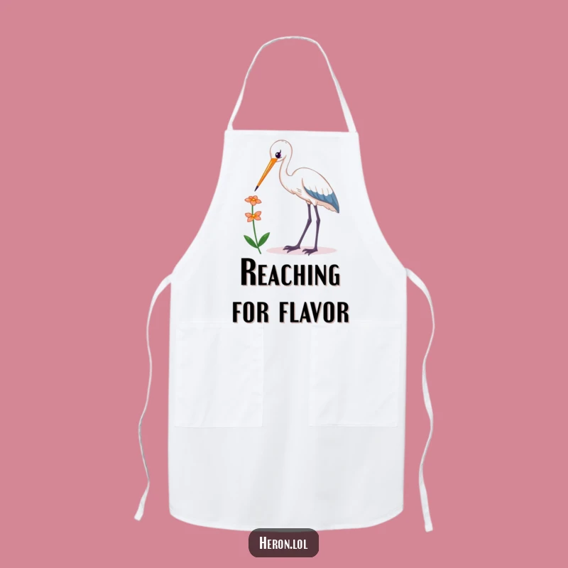 Funny Kawaii Heron Apron: Chef Bird Reaching Flower, Humorous Kitchen Gift