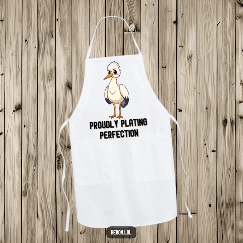 Funny apron showcasing a proud heron bird standing tall, chest puffed out, perfect for confident cooking.