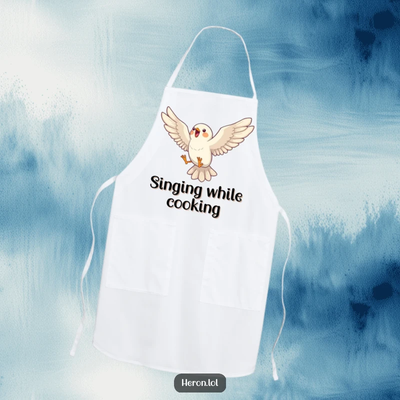 Funny apron depicting a bird mid-song leap, wings spread wide in a vibrant, musical expression, perfect for a cheerful kitchen.