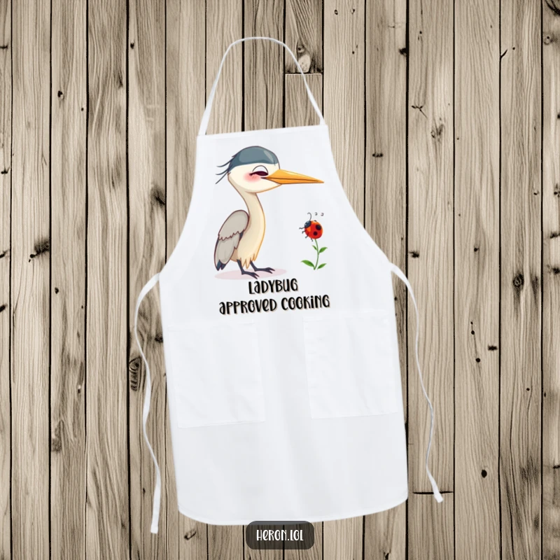 Funny Smiling Heron Apron: Smiling heron bird with a ladybug on its neck, adding humorous charm to kitchen tasks.