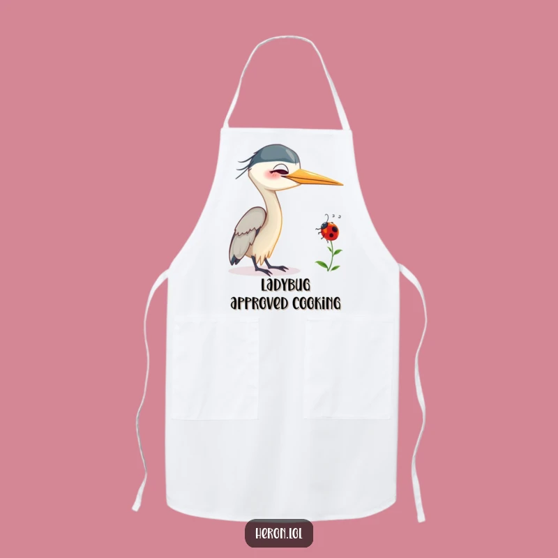 Funny Smiling Heron Apron: Ladybug Friend, Humorous Kitchen Companion