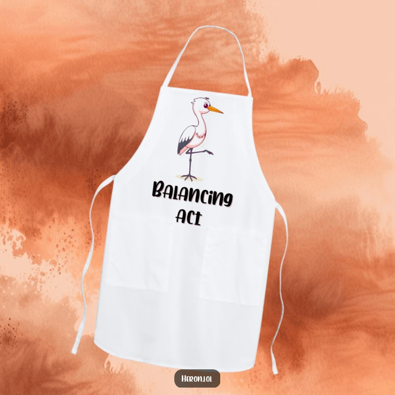 Funny apron showcasing a smug heron balancing perfectly on one leg, ideal for the kitchen with a hilarious, confident vibe.