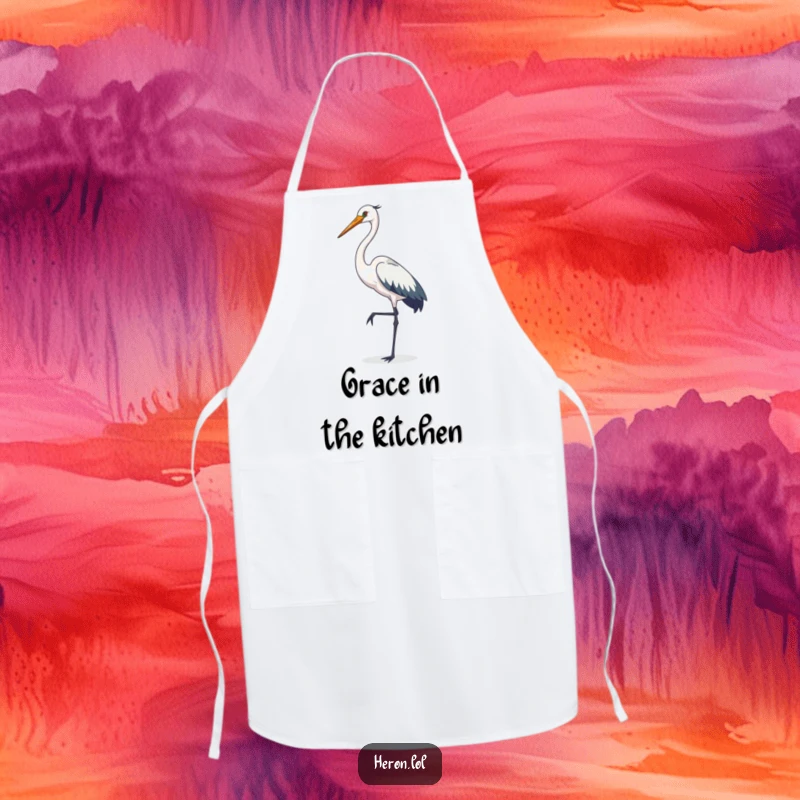 Funny heron apron, kitchen wear, elegant bird posing on one leg, sophisticated cartoon accessory, gift for cooks.