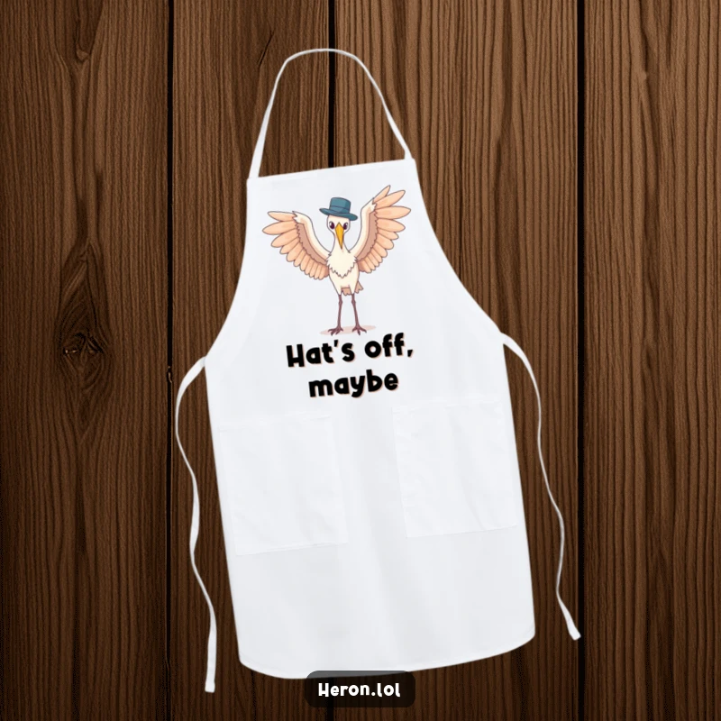Funny apron depicting a heron with wings spread wide, awkwardly balancing a tiny hat, designed for chefs who enjoy kitchen humor.