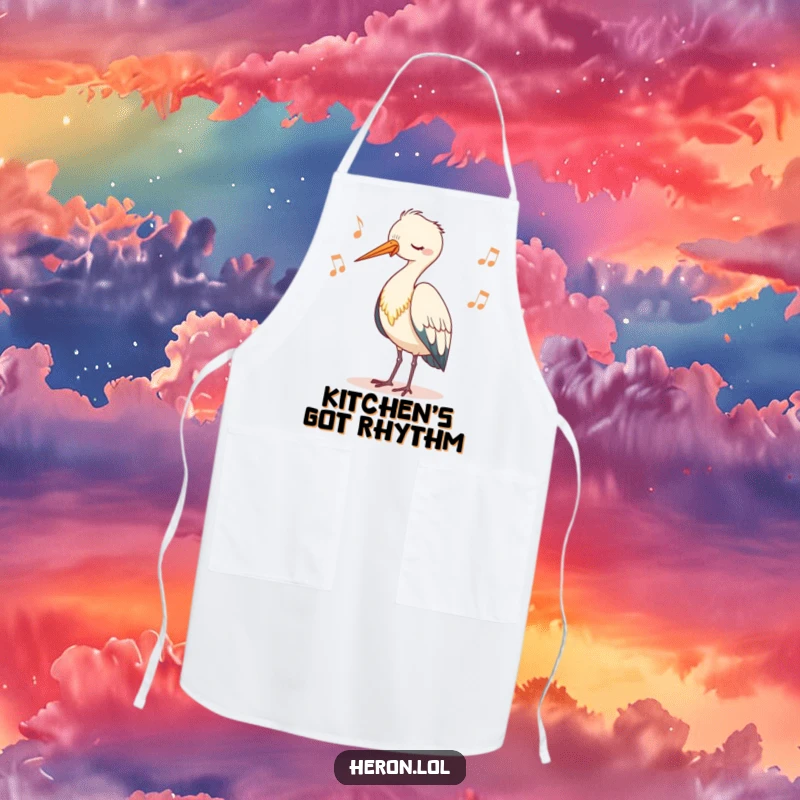 Funny apron featuring a cute heron character bobbing its head rhythmically, ideal for kitchen tasks with a side of peaceful, bird-themed fun.