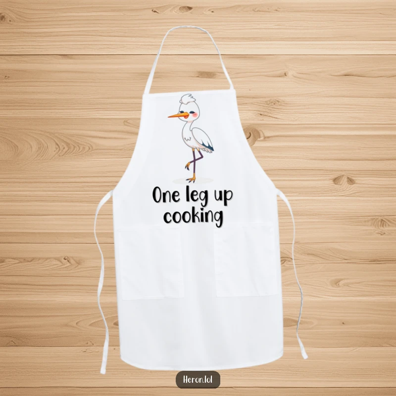 Funny Happy Heron Apron: Content heron bird standing on one leg, looking peaceful, adding humorous flair to kitchen tasks.