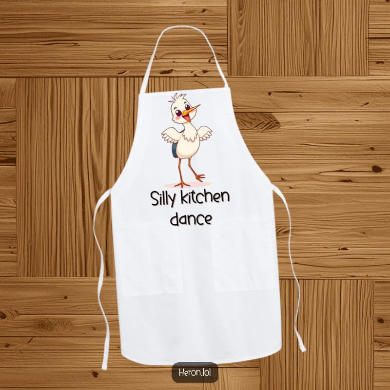 Funny Apron showing a delighted heron doing a silly tiptoe dance, perfect for kitchen fun and staying clean.