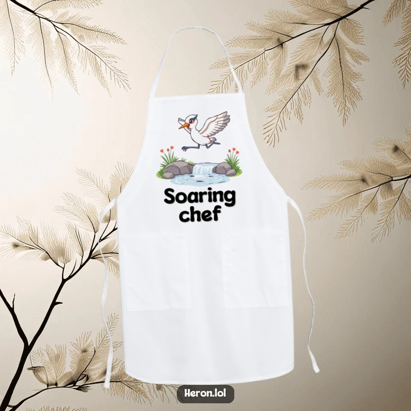 Funny Apron showing an energetic heron leaping over a sparkling stream, adding a playful and dynamic element to kitchen tasks.