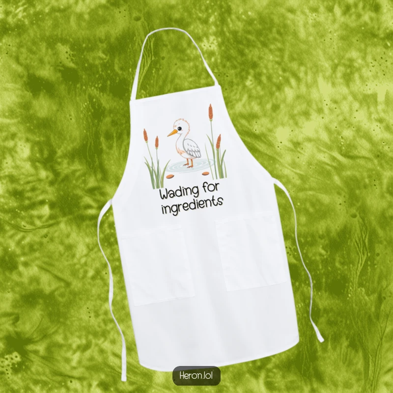 Funny Kawaii Heron Apron: Durable apron with a serene bird wading through reeds, ideal for humorous and calm cooking.