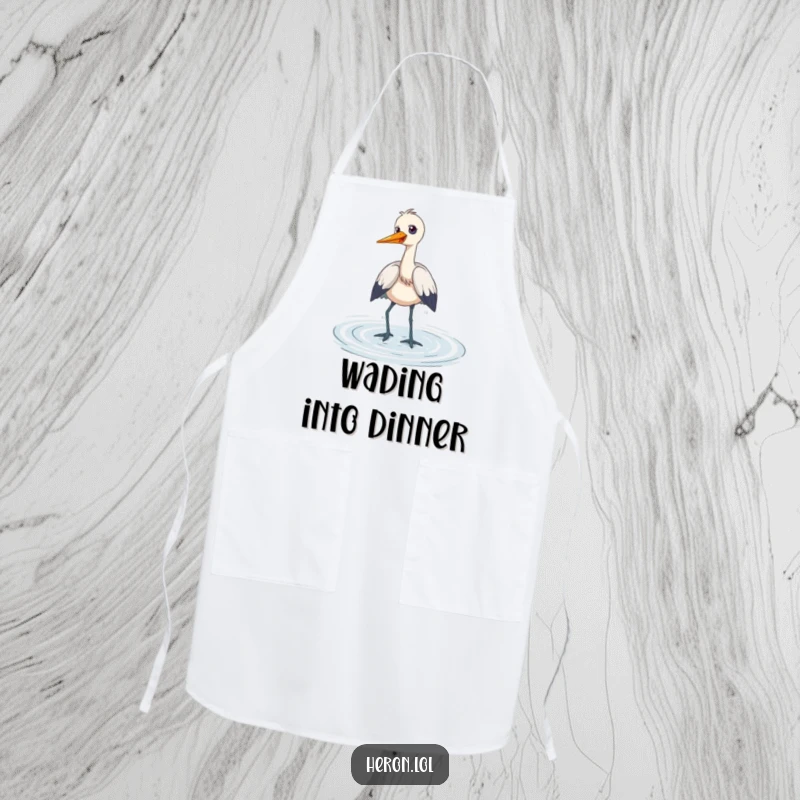Funny Apron featuring a heron wading playfully through shallow water, giggling, adding a humorous and joyful touch to kitchen tasks.