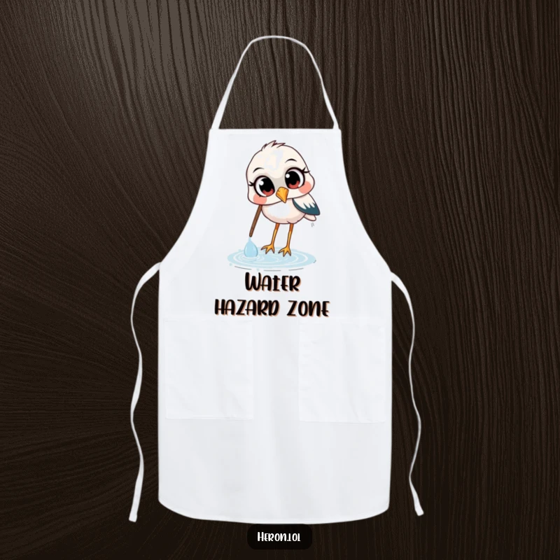 Funny apron depicting a heron with wide, curious eyes, scooping water with its beak, designed for chefs who appreciate kitchen humor and bird motifs.