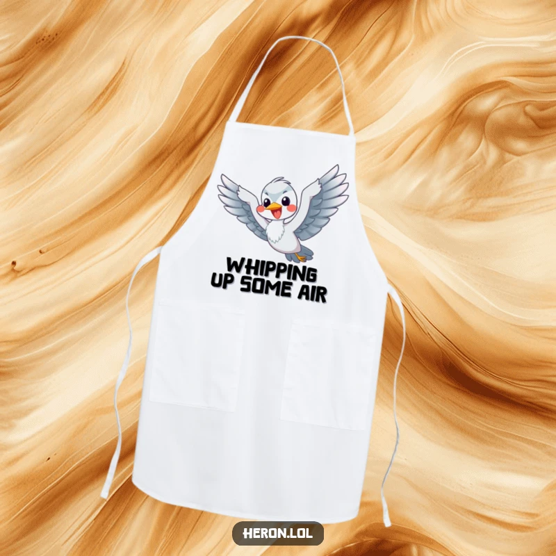 Funny Flying Heron Apron: A happy heron flaps its flippers with great vigor, comically trying to fly.