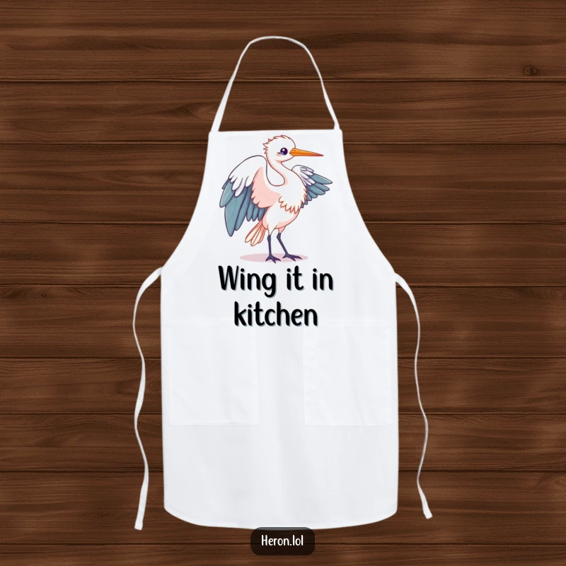 Funny Kawaii Heron Apron: Durable apron with a bird in elegant wing unfurling motion, ideal for humorous and graceful cooking.