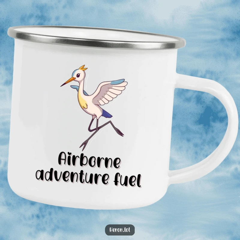 Funny Camping Mug depicting a slim heron with long legs mid-leap, perfect for outdoor enthusiasts who enjoy humor and avian acrobatics.