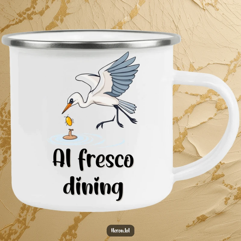 Funny Camping Mug featuring a heron gracefully swooping to catch a shiny bug, perfect for outdoor enthusiasts seeking humor and nature.