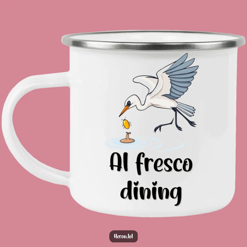Funny Heron Camping Mug: Bug Catching Adventure, Humorous Outdoor Gift