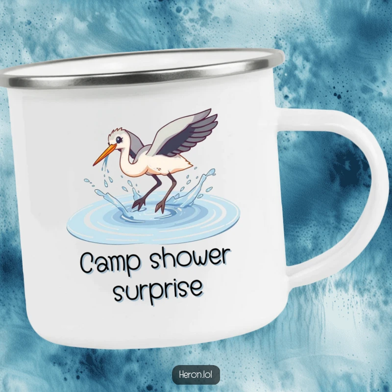 Funny Clumsy Dive Heron Camping Mug: A heron performs a clumsy dive into a puddle, splashing water outdoors.