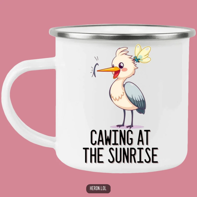 Funny Heron Enamel Mug - Camp Caw, Joyful Dragonfly Chaser, Outdoor Gift