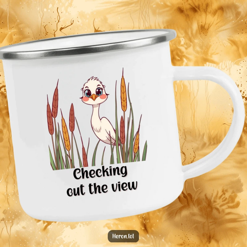 Funny Camping Mug featuring a joyful heron peering over reeds, its curious eyes ready for any outdoor adventure.