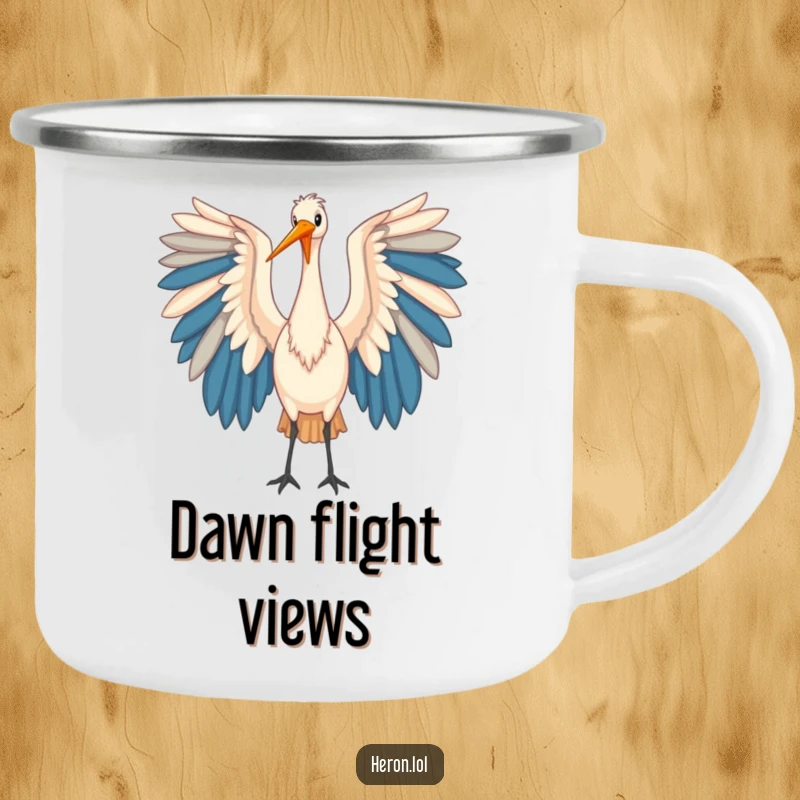 Funny Heron Camping Mug: A rugged mug featuring a heron bird with large, colorful wings, ideal for outdoor adventures.