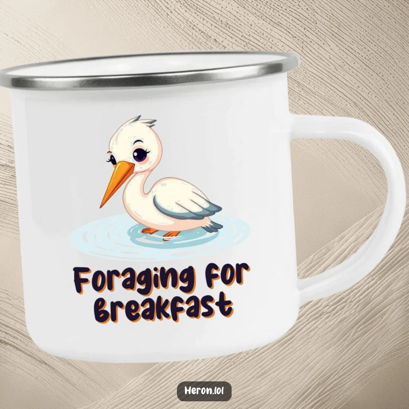 Funny camping mug featuring a smiling heron fishing, beak submerged in shimmering water, durable and humorous for outdoor enjoyment.