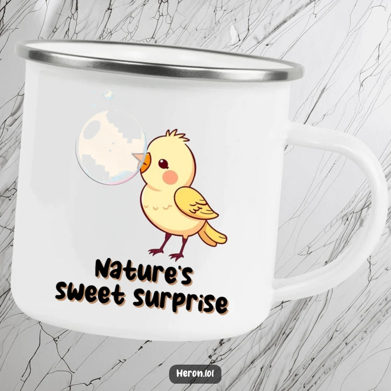Funny enamel camping mug depicting a joyful bird blowing a large, shimmering bubble, perfect for adding a whimsical touch to your outdoor trips.
