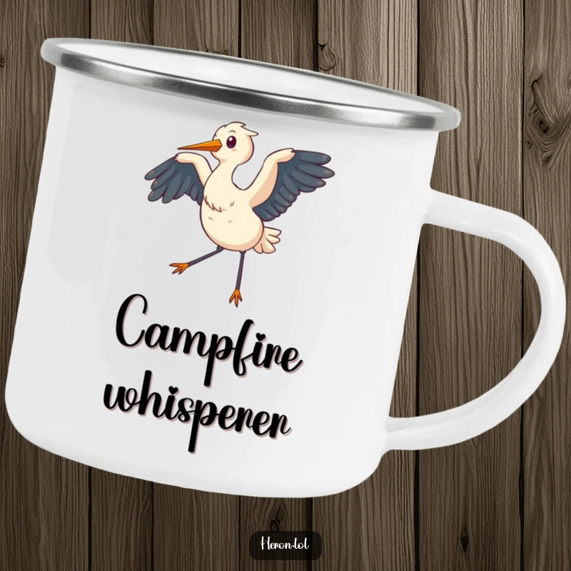 Funny Camping Mug featuring a chubby heron with wings gently flapping, creating a breeze, perfect for relaxed outdoor moments.