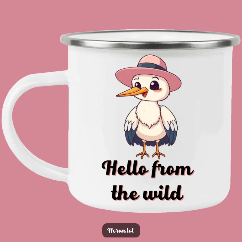 Funny Giggling Heron Floppy Hat Camping Mug: Outdoor Cheer & Bird Humor!