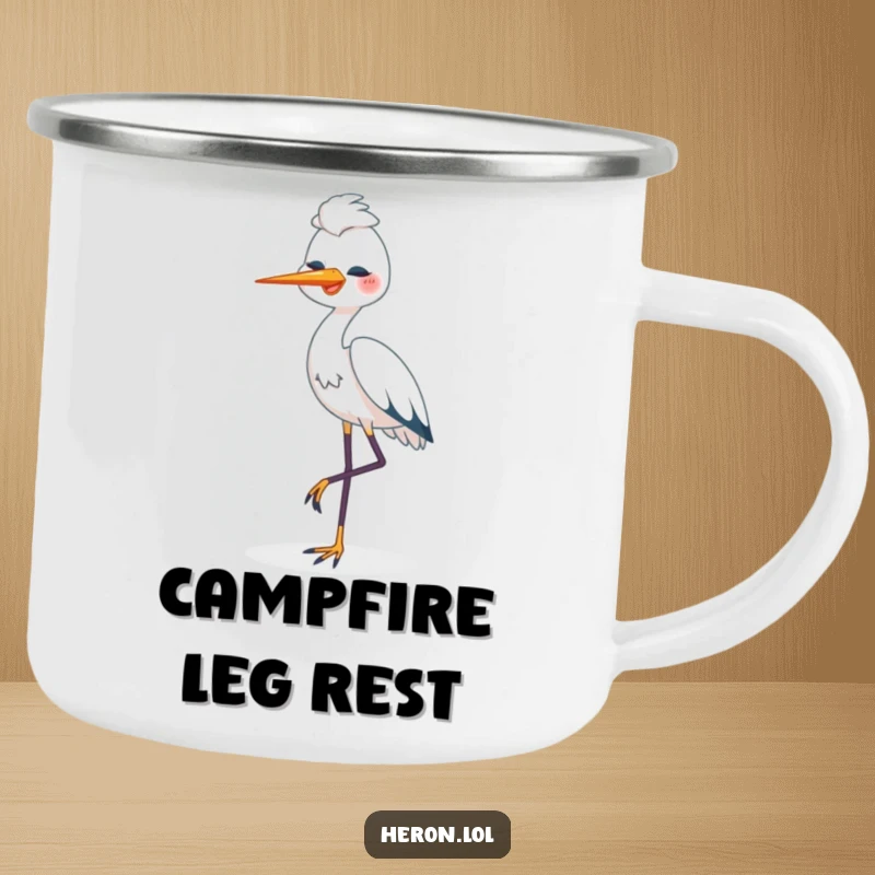 Funny Happy Heron Camping Mug: Content heron bird standing on one leg, looking peaceful, ideal for humorous outdoor relaxation.