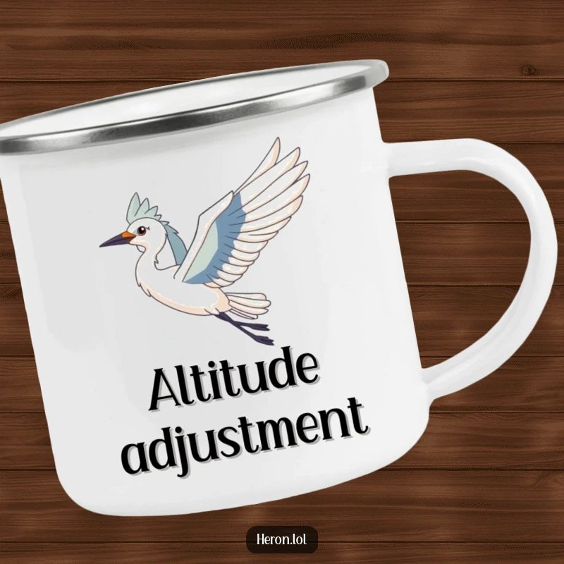 Funny Heron Bird Camping Mug: Sturdy mug with a heron in graceful flight, perfect for outdoor adventures.