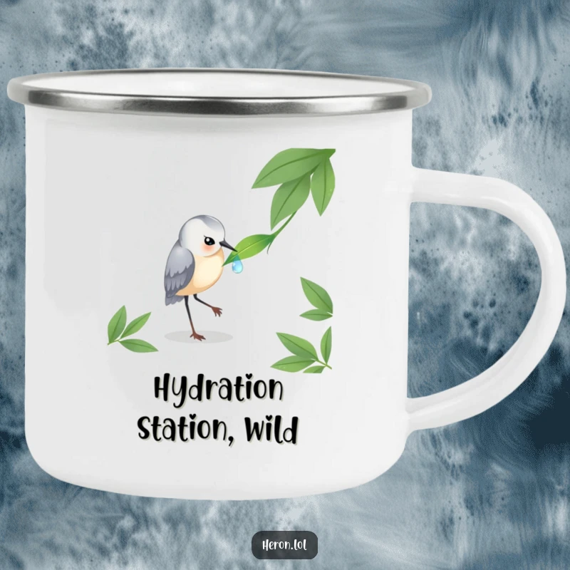 Funny Heron Camp Mug: A sturdy mug showing a heron pecking a dewdrop, perfect for enjoying drinks outdoors with natural peace.