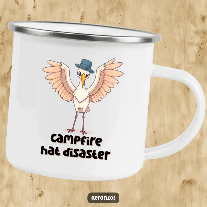 Funny camping mug featuring a heron with wings spread wide, awkwardly balancing a tiny hat, durable and humorous for outdoor enthusiasts.