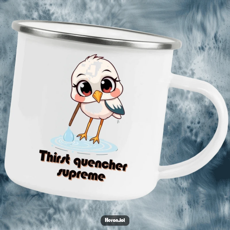 Funny camping mug featuring a heron with wide, curious eyes, scooping water with its beak, durable and humorous for outdoor enthusiasts.