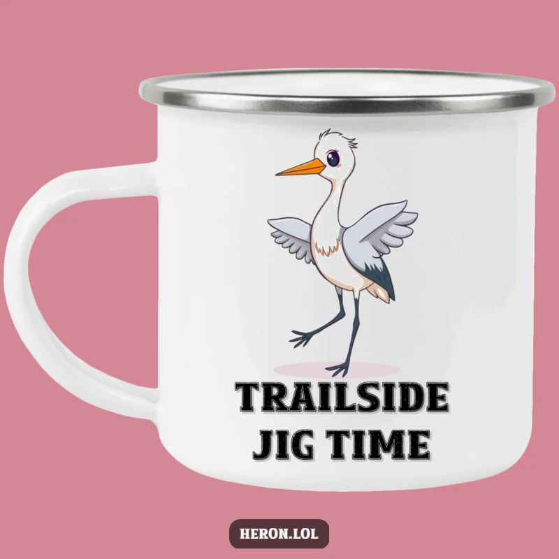 Funny Heron Dance Enamel Camping Mug: Groove Around the Campfire