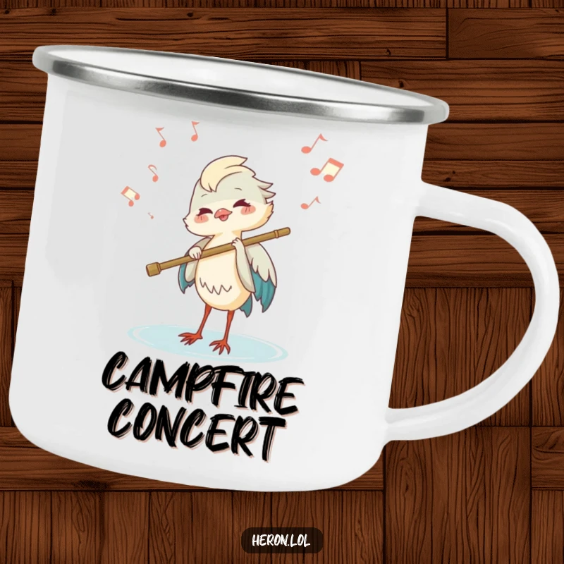 Funny joyous heron playing a flute made of a reed, with musical notes floating on an enamel camping mug.
