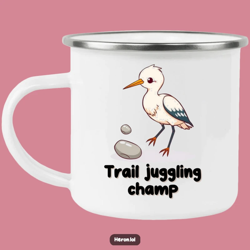 Funny Heron Juggling Pebbles Camping Mug: Outdoor Talent & Bird Humor!